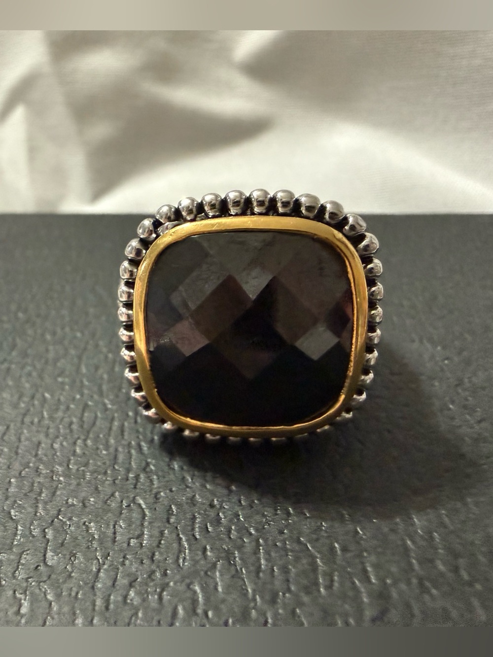 Source Unknown Black Faceted Stone Ring with Gold & Silver Accents size 6